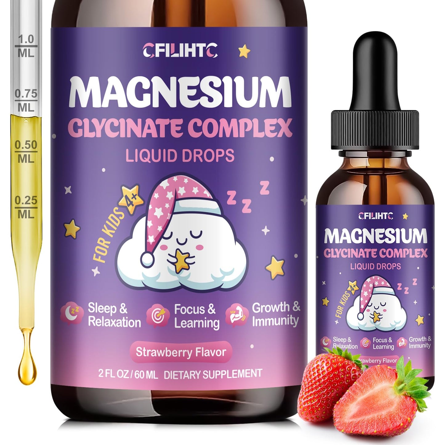 Magnesium Glycinate Liquid for Kids - Magnesium Bisglycinate Drops with L-Theanine, Chamomile & Vitamin B6, B12, C, D3 for Sleep, Relaxation, Immune Support, Calm & Focus - 2 Fl Oz, Strawberry Flavor CFILIHTCBuy Supplements Australia