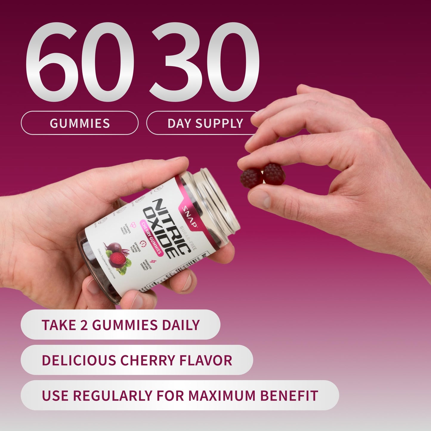 Snap Supplements Nitric Oxide Gummies - Beet Root Extract 300mg, Sugar Free Beetroot Supplement with Pomegranate Powder for Circulation & Natural Energy, 60 Vegan Gummies, Cherry Flavor Snap SupplementsBuy Supplements Australia