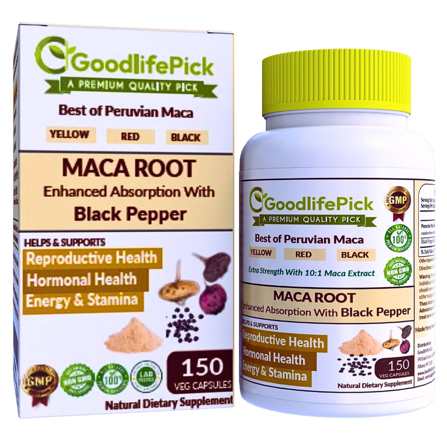 Peruvian Maca Root Capsules 150 ct. Powerful Maca Blend of Yellow Red & Black Maca Root with Black Pepper. All Natural NonGMO Vegan No Stearate No Rice Powder No Silica No Filler GoodlifePickBuy Supplements Australia