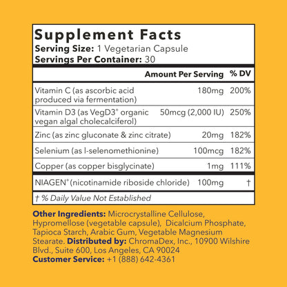 TRU NIAGEN NAD+ Immune Support Supplement - Daily Defense - Vitamin C, Vegan D3 2000 IU, Zinc, Selenium, Copper + 100mg NAD Plus Boosting Niagen NR - 30 Capsules TRU NIAGENBuy Supplements Australia