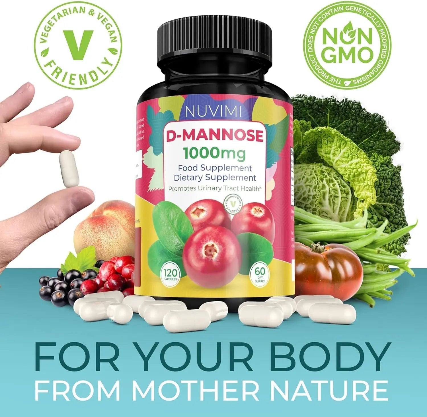 NUVIMI D Mannose 120 Capsules - 1000 mg per Dose - Dietary Supplement Helps Promote Urinary Tract Health - Natural Vegan UTI Defense NUVIMIBuy Supplements Australia