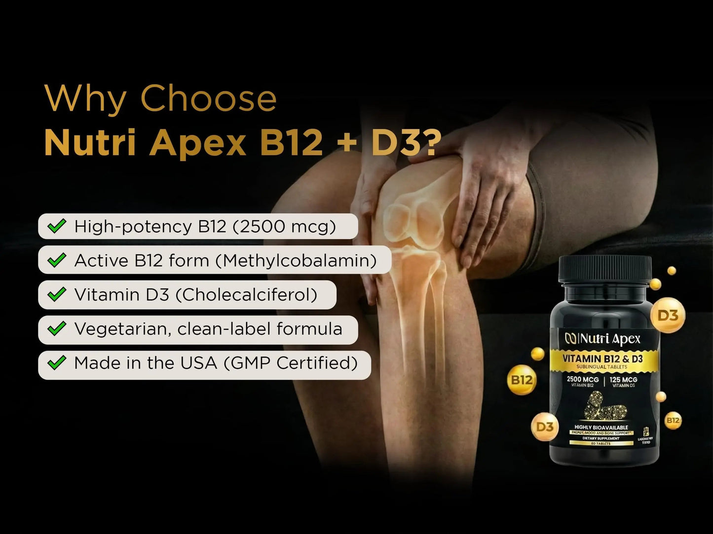 Nutri Apex Vitamin B12 & D3 Sublingual Tablets - 2500 mcg B12 & 125 mcg (5000 IU) D3 - Highly Bioavailable for Energy, Mood & Bone Health - Lab-Tested Nutri ApexBuy Supplements Australia