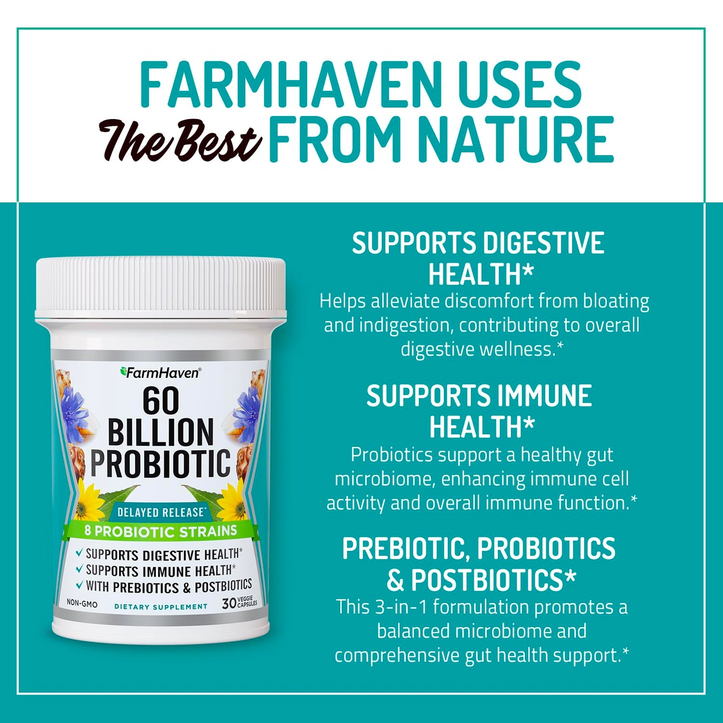 FarmHaven 60 Billion CFU Probiotic - 8 Probiotic Strains - Prebiotics & Postbiotics - Supports Digestive & Immune Health - Delayed Release - Shelf Stable -