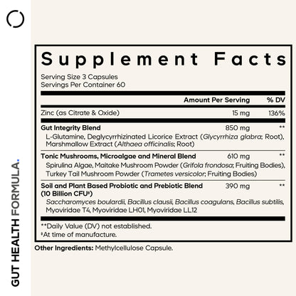Codeage Gut Health Supplements Vegan Formula - L Glutamine, Zinc, Turkey Tail Mushroom Powder, Tonic Mushroom, Maitake, Micro Algae, Mineral,