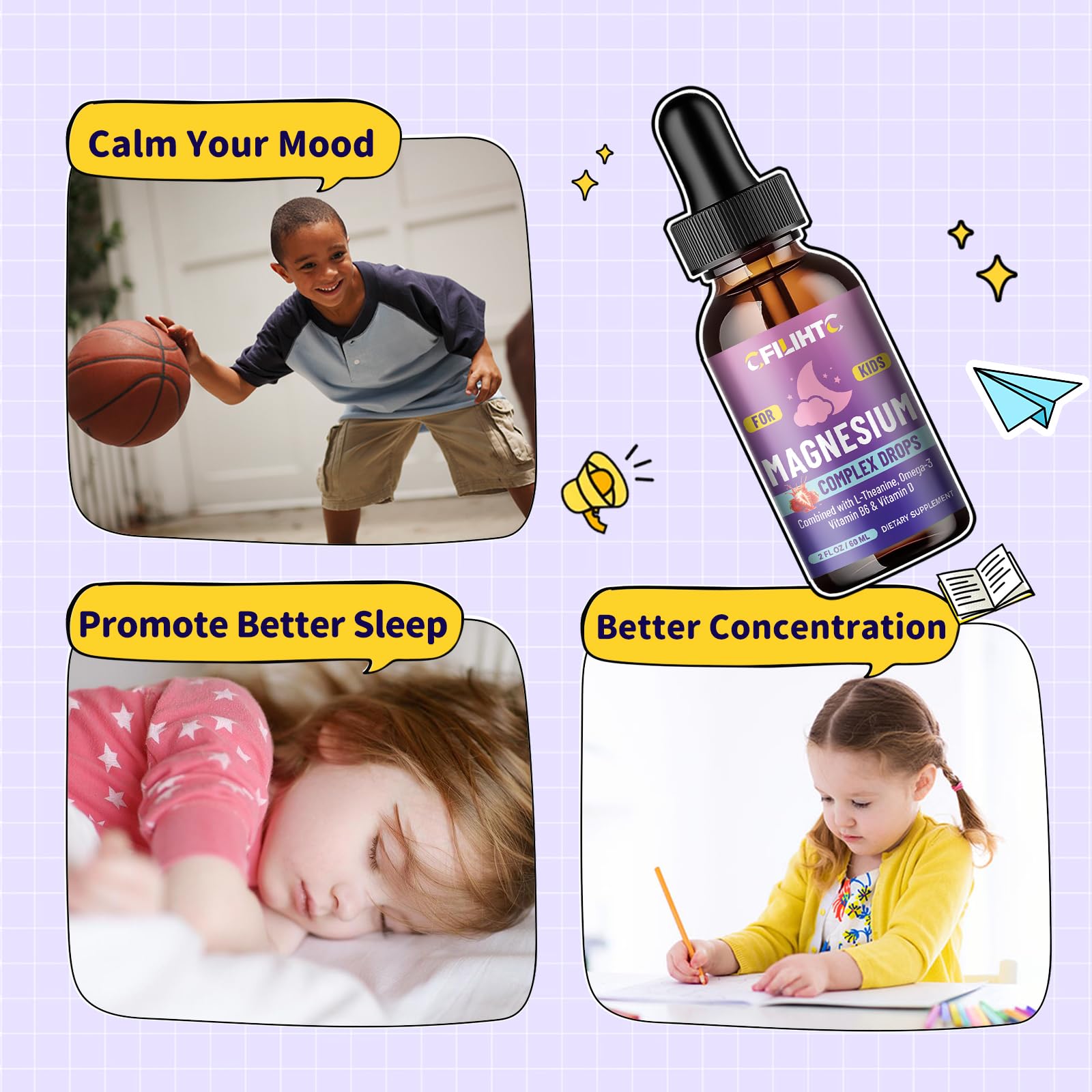 Kids Magnesium Liquid Drops-Magnesium Glycinate Liquid for Kids Supplement-w/L-theanine, Omega-3, Vitamin B6, D3 - for Sleep, Relaxation, Brain, Bones - 4 Fl Oz Children's Calm CFILIHTCBuy Supplements Australia