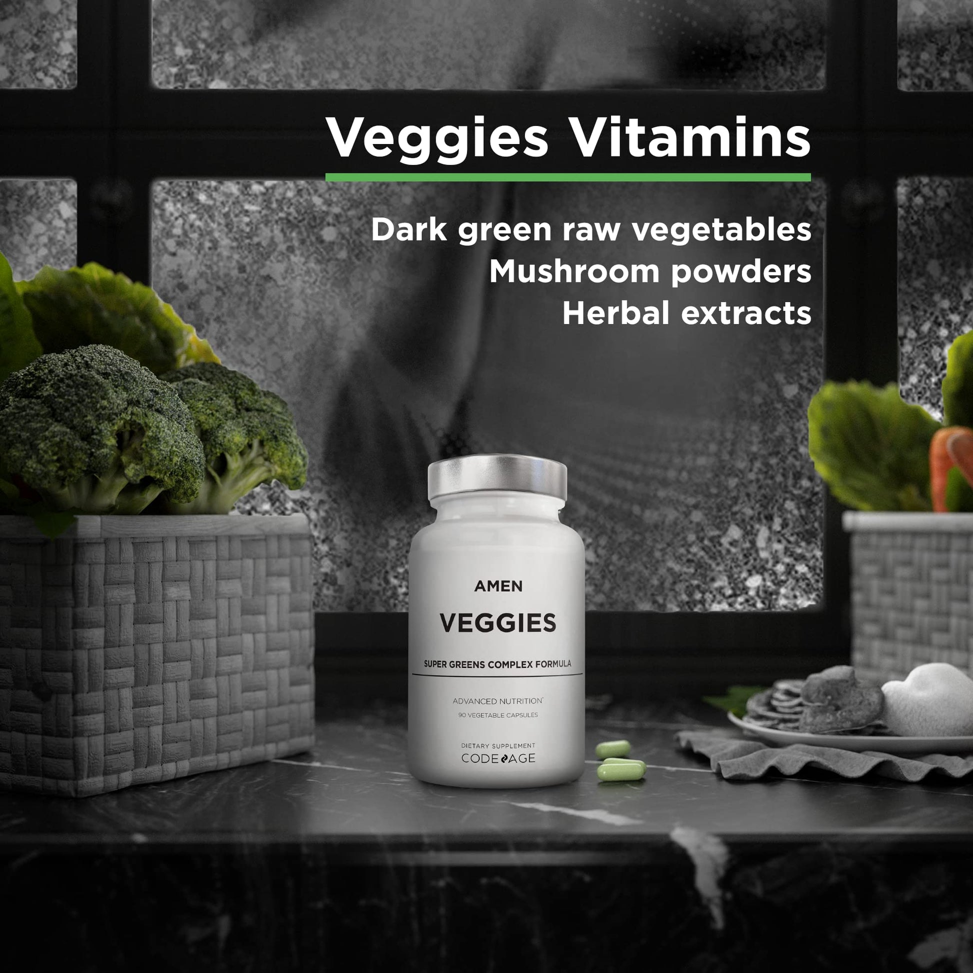 Amen Veggies, Daily Veggies Vitamins Supplement, Vegetables Vegan Blend & Whole-Food Raw Greens Multivitamin Capsules, Mushroom Complex, Superfood, Minerals, Green Vegetable Nutrients, Non-GMO, 90 ct AmenBuy Supplements Australia