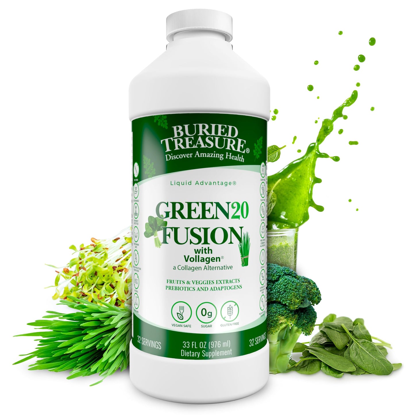 Buried Treasure Green20 Fusion – Superfood Blend with Vollagen for Skin, Hair, and Joint Support, Plant-Based, Vegan, Non-GMO Gluten-Free, Dairy-Free, Soy-Free, 32oz Liquid Buried TreasureBuy Supplements Australia