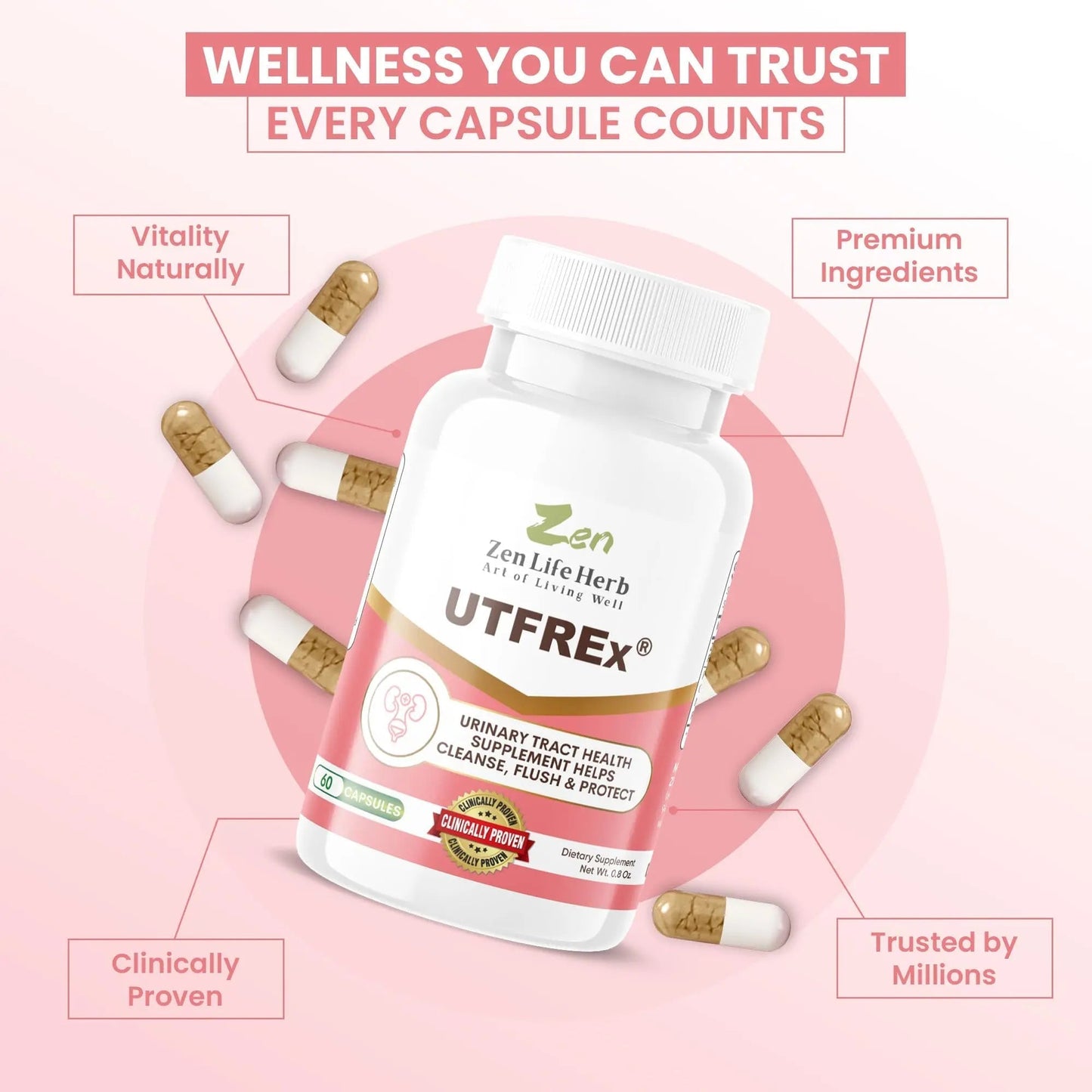 ZEN LIFE HERB UTFREx – Fast Acting - Promotes Urinary Tract Health Supports Healthy Immune and Urinary System, No Vitamins, Minerals, Prebiotics, Sugar, Plant-Based Supplement (60 Capsules) ZEN LIFE HERBBuy Supplements Australia