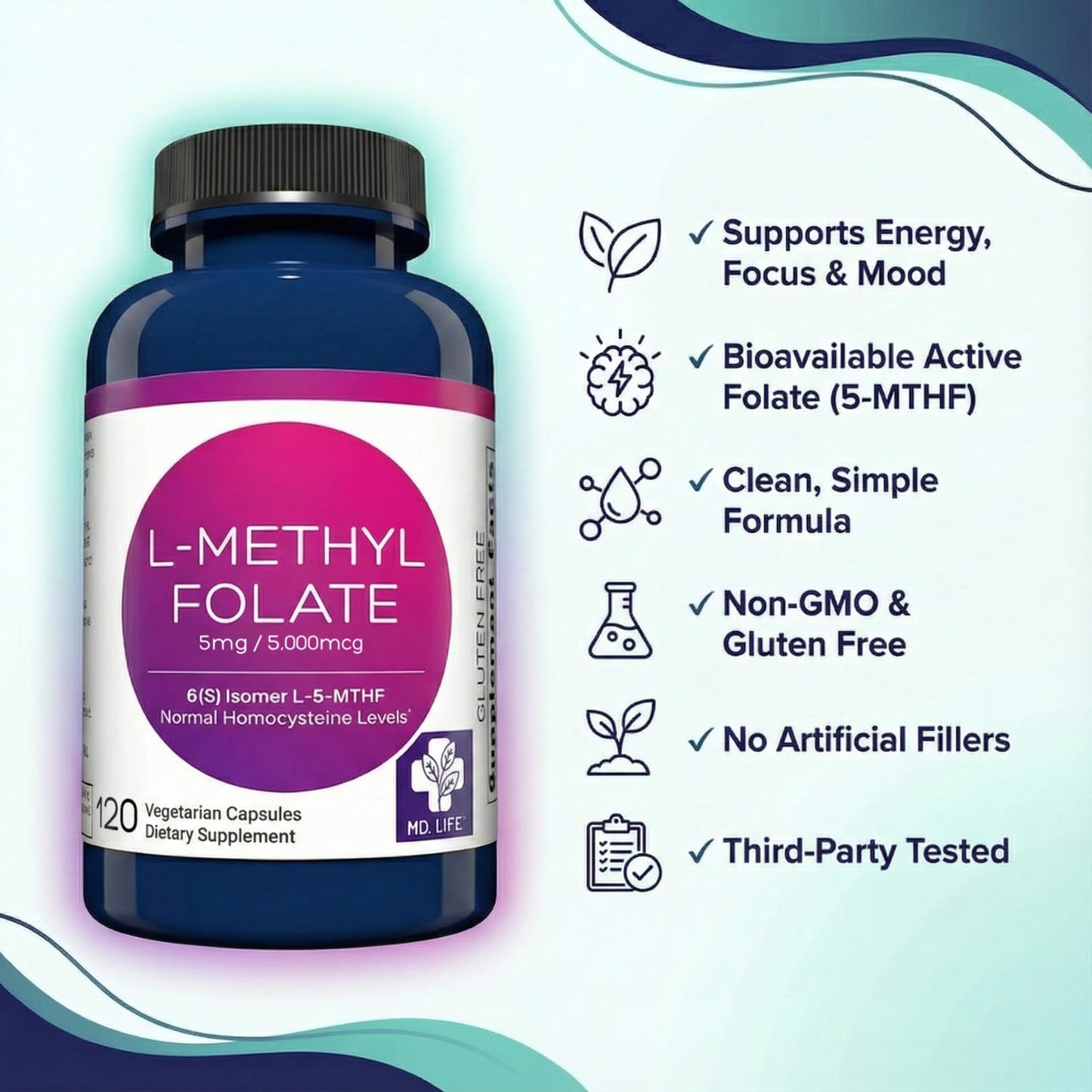 MD Life L-Methylfolate 5 mg Supplement - Professional-Grade Active L Methylfolate Supplement - 120 Capsules - L-Methylfolate 5mg - Maximum Potency MTHFR W/Essential Amino Acids MD.LIFEBuy Supplements Australia