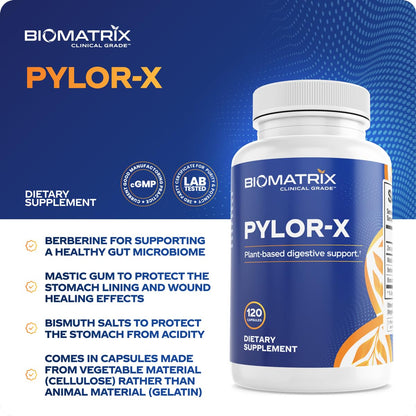 BioMatrix Pylor-X Gut Health Supplement – Mastic Gum, Berberine, Zinc Carnosine & Bismuth Salts for Gastric Support, Digestive Comfort, Stomach Lining Protection - (120 Capsules) 30-60 Day Supply BioMatrixBuy Supplements Australia