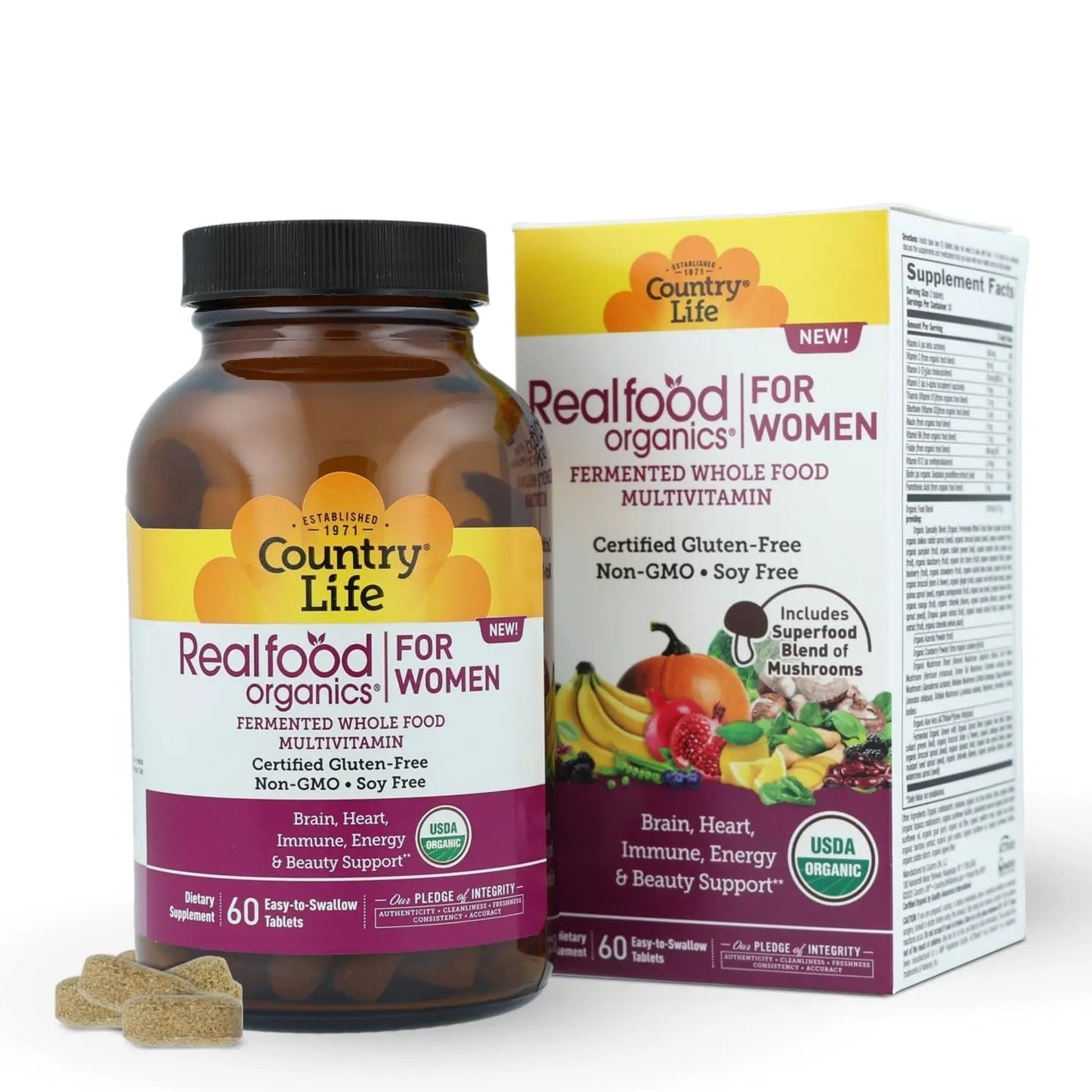Country Life Realfood Organics Women’s Multivitamin – USDA Organic, Vegan, Gluten-Free – 1,300mg Fermented Whole Foods, Vitamins D, E, B, Folate & Biotin Country Life
