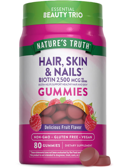 Nature's Truth Hair Skin and Nails Gummies | 80 Count | 2500mcg of Biotin | Vegan, Non-GMO, Gluten Free Supplement