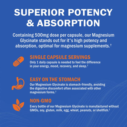 Magnesium Glycinate - High Absorption Magnesium Supplement 500mg Per Serving for Stress Relief, Sleep, Heart and Bone Health, Nerve Support - Non-GMO, Gluten-Free, Gentle on Stomach, 240 Capsules GOODBIOBuy Supplements Australia