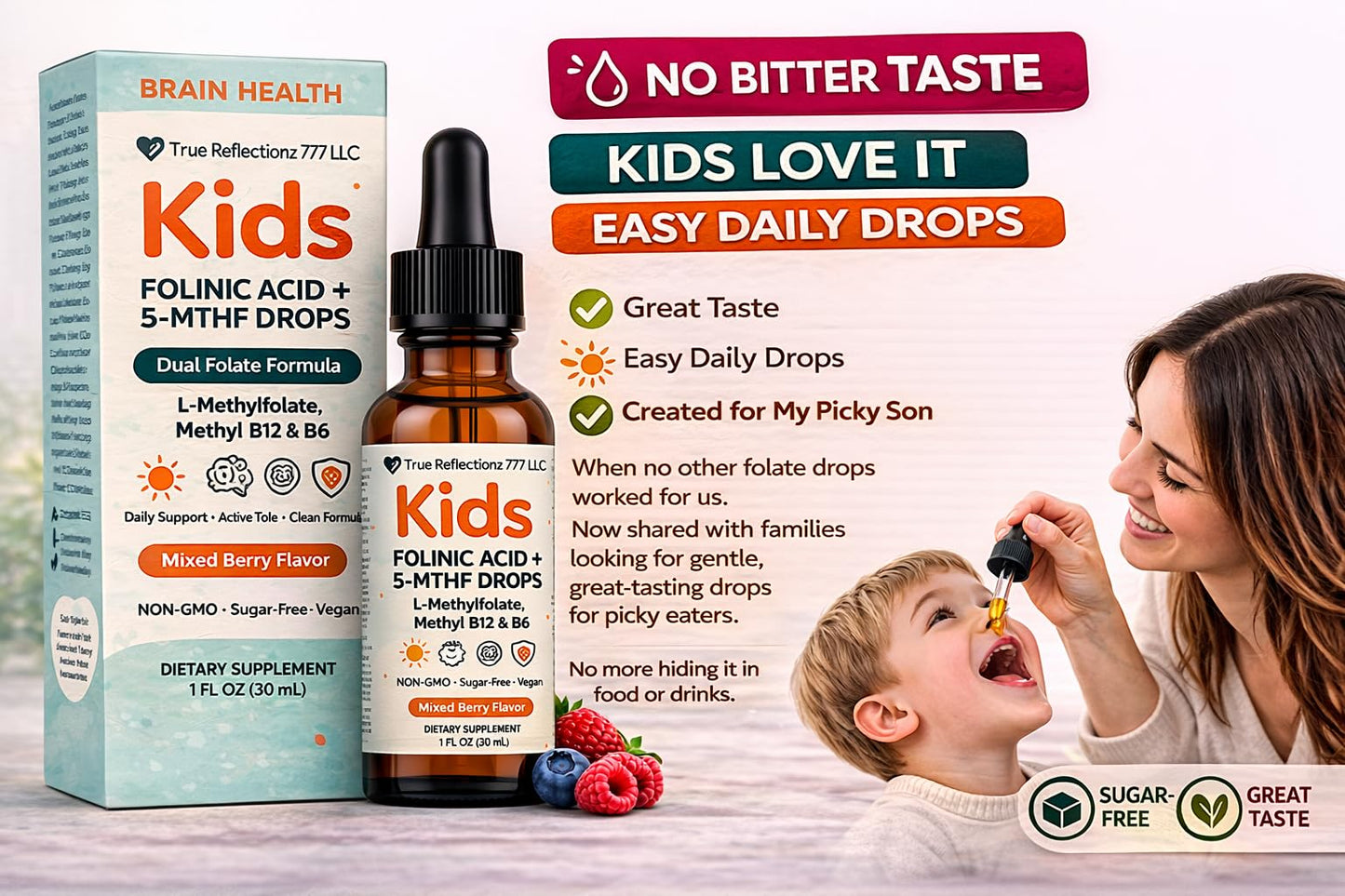 Folinic Acid Drops Kids 800 mcg + L-Methylfolate + B12 +P5P B6 Gentle Methylation Great Taste, Magnesium Glycinate, Vitamin D3 & C Folate Support for Brain,Focus, Mood & Cellular Health 5-MTHF Drops True reflectionzBuy Supplements Australia