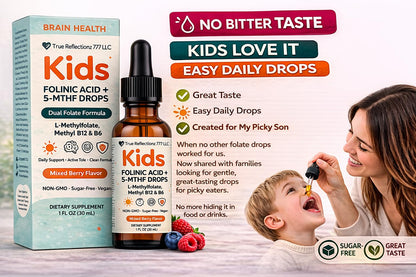 Folinic Acid Drops Kids 800 mcg + L-Methylfolate + B12 +P5P B6 Gentle Methylation Great Taste, Magnesium Glycinate, Vitamin D3 & C Folate Support for Brain,Focus, Mood & Cellular Health 5-MTHF Drops True reflectionzBuy Supplements Australia
