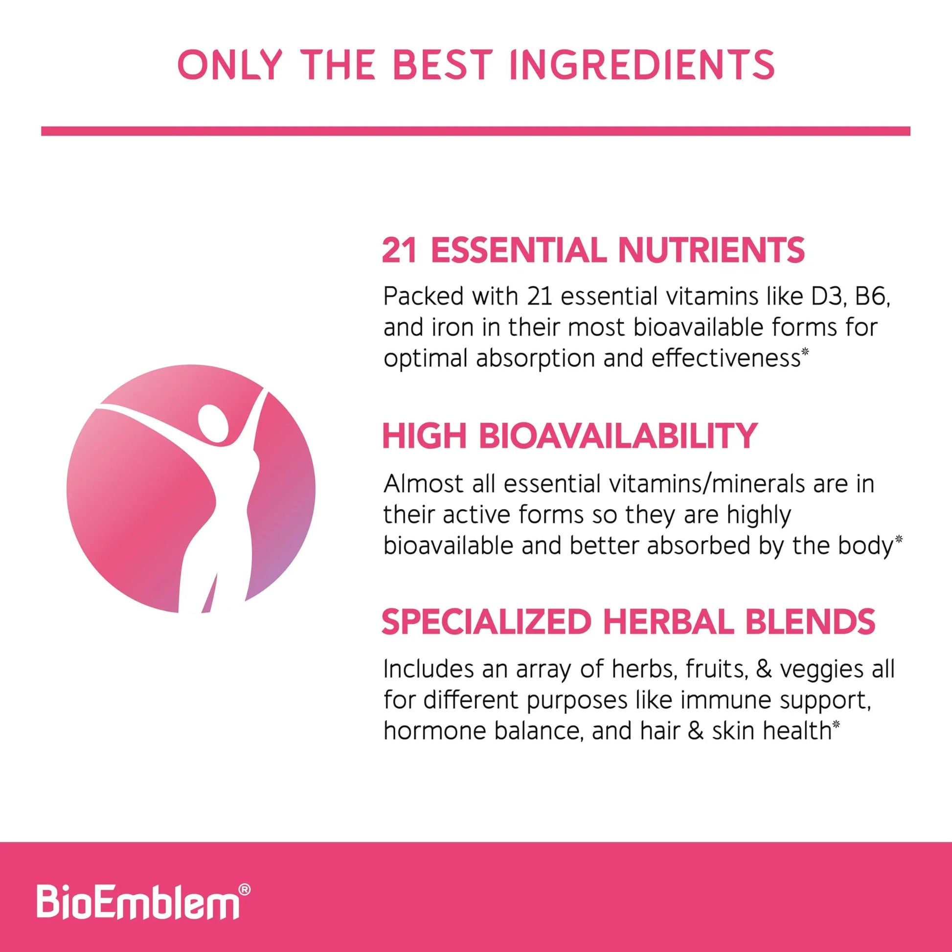 BioEmblem Women's Multivitamin - Complete Daily Multi for Immunity, Energy, Hair, Skin with Vitamin A, B12, B6, D3, Biotin BioEmblemBuy Supplements Australia