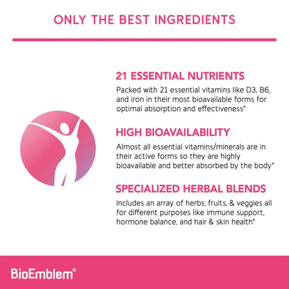 BioEmblem Women's Multivitamin - Complete Daily Multi for Immunity, Energy, Hair, Skin with Vitamin A, B12, B6, D3, Biotin BioEmblemBuy Supplements Australia