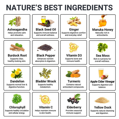 Sea Moss Gummies 16-in-1 - Ashwagandha Black Seed Oil Bladder Wrack Turmeric Vitamin C & D3 with Manuka Burdock Root Dandelion Yellow Dock Natural Detox & Liver Health Immune Support, Energy Boost GRGTPBuy Supplements Australia