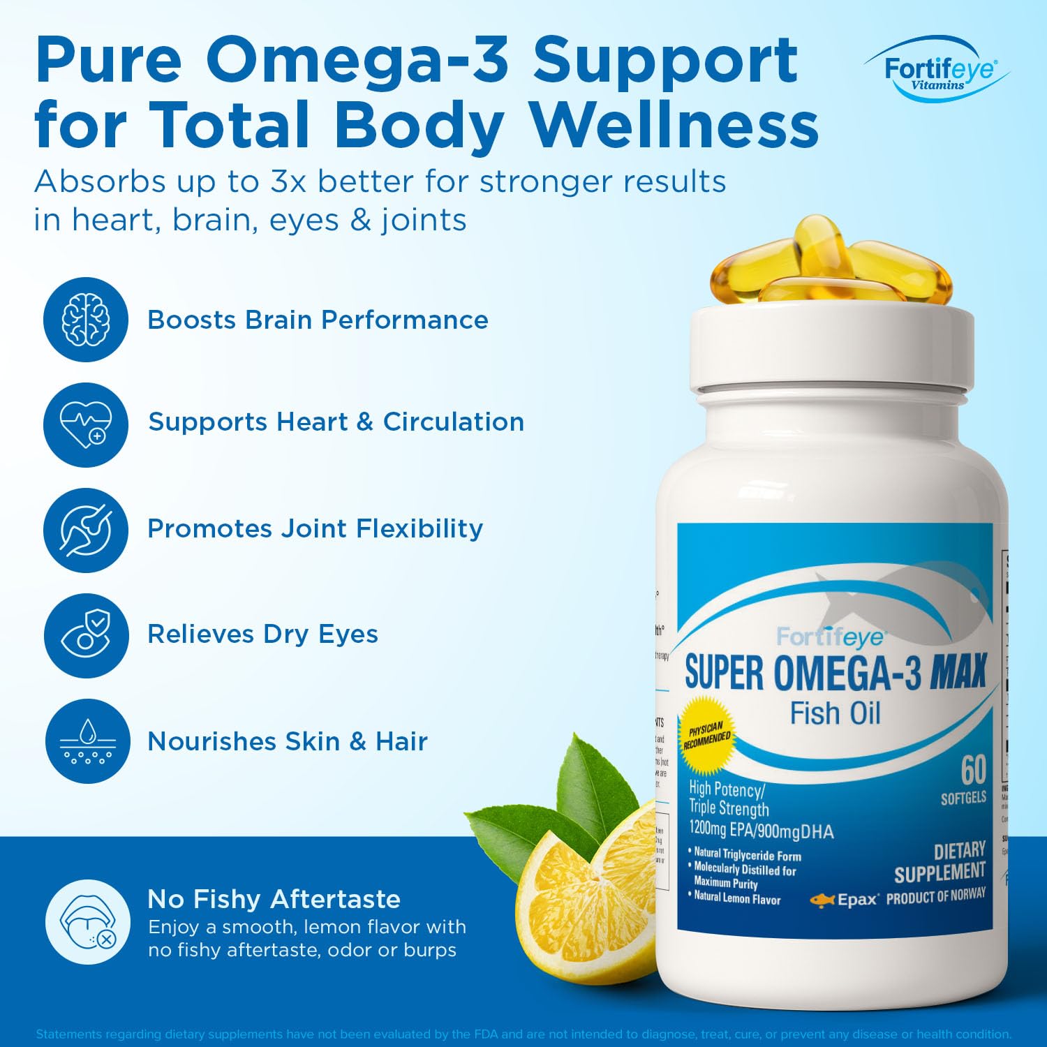 Super Max Omega-3 Fish Oil 2400 mg 30 Days, 60 Capsules - High Potency Fish Oil Omega 3 Supplements for Women & Men, Triglyceride Form with EPA and DHA Supplements No Fishy After Taste Lemon Flavor Fortifeye VitaminsBuy Supplements Australia