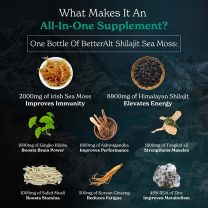 Better Alt Shilajit Sea Moss Capsules Pack of 2 with Ashwagandha & Black Pepper Extract with 85+ Essential Minerals & Antioxidants| Boosts Energy & Metabolism - 120 Servings, 240 Capsules Better AltBuy Supplements Australia