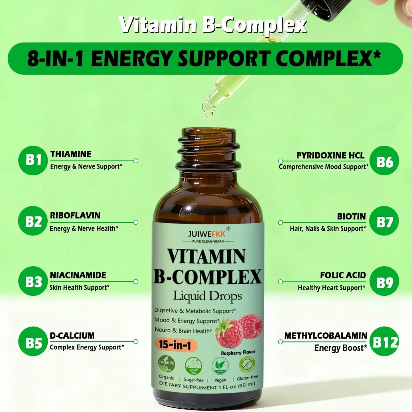 Vitamin B Complex Liquid Drops for Women Men & Kids, 15-in-1 VIT B Complex with Vitamin C B12 B6 B1 Niacin Folate Magnesium JUIWEFKKBuy Supplements Australia