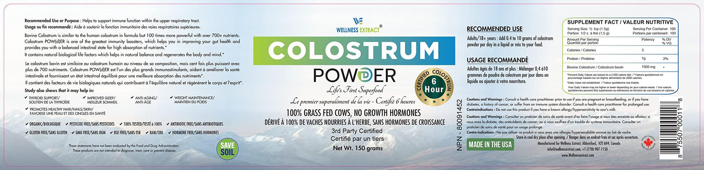 WELLNESS EXTRACT Bovine Colostrum Powder Rich in Protein & Lactoferrin- The True Certified Supplement for Immune Support, Gut Health, Muscle Growth - 150g WELLNESS EXTRACTBuy Supplements Australia