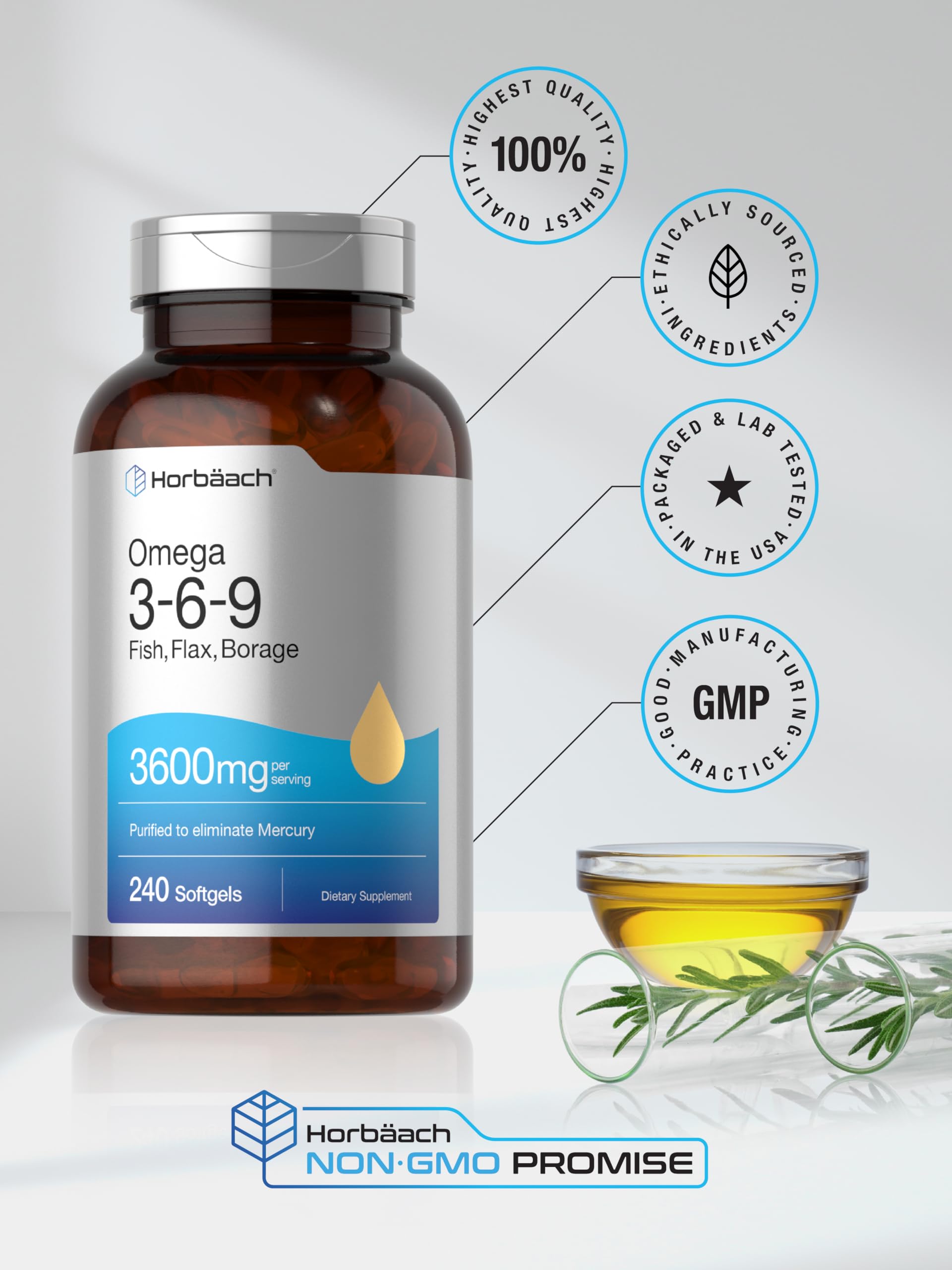 Triple Omega 3-6-9 240 Softgels | from Fish, Flaxseed, Borage Oils | Non-GMO & Gluten HorbäachBuy Supplements Australia