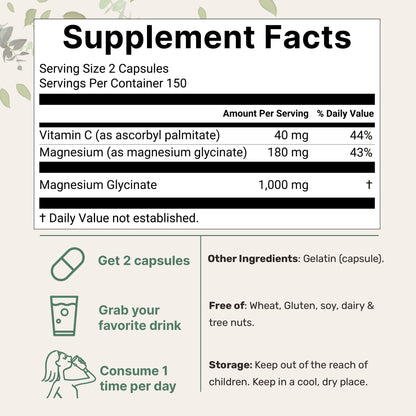 Pure Magnesium Glycinate 1,000mg, 300 Capsules | 100% Chelated for Max Absorption | Enhanced with Vitamin C | Only Uses Active Ingredients