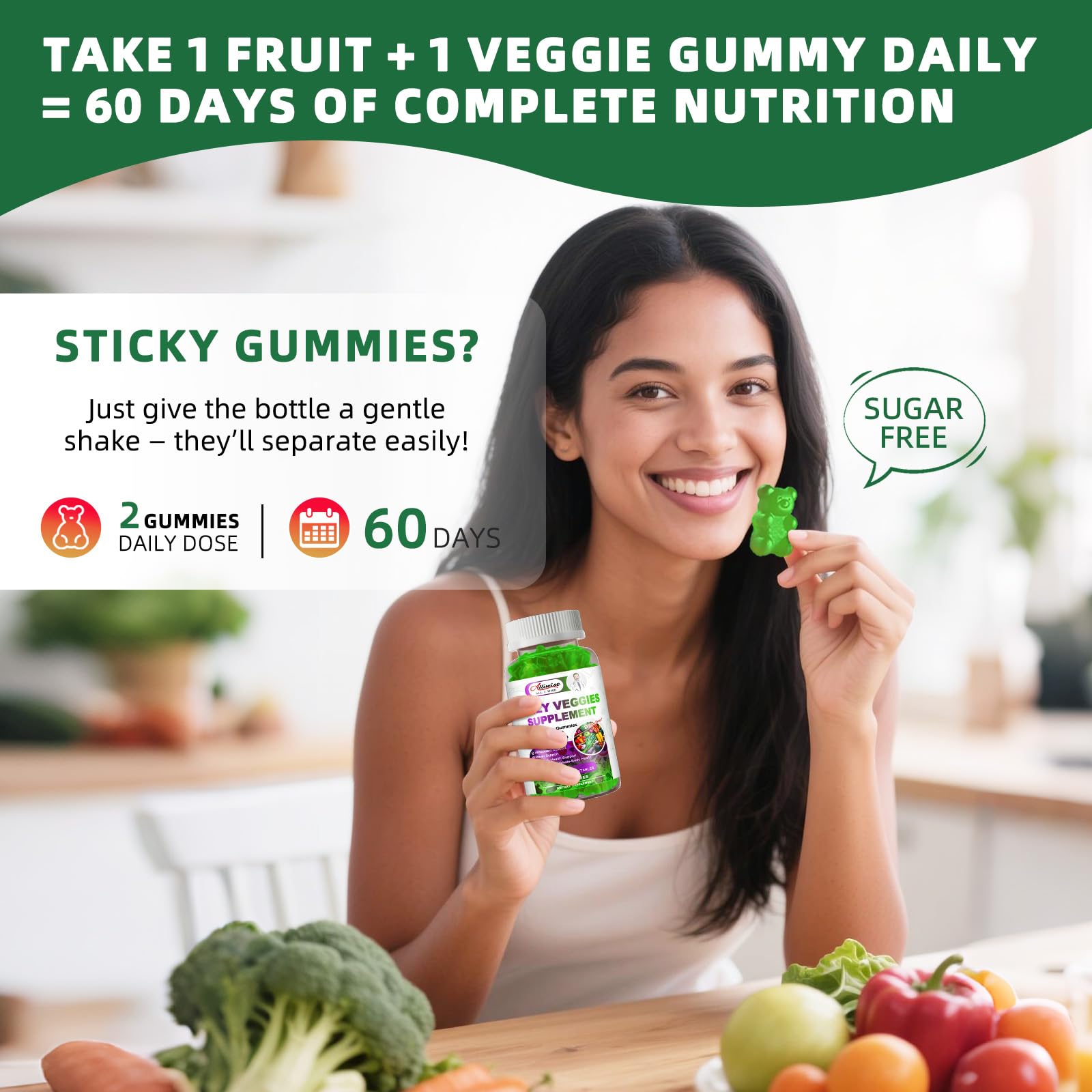 Sugar-Free Fruits & Veggies Gummies, Super Greens with 23 Fruits & 25 Veggies, Multivitamin Minerals & Fiber, Vegan Fruit & Vegetable Supplement for Adults, 120 Gummies, 2 Month Supply AlliwiseBuy Supplements Australia