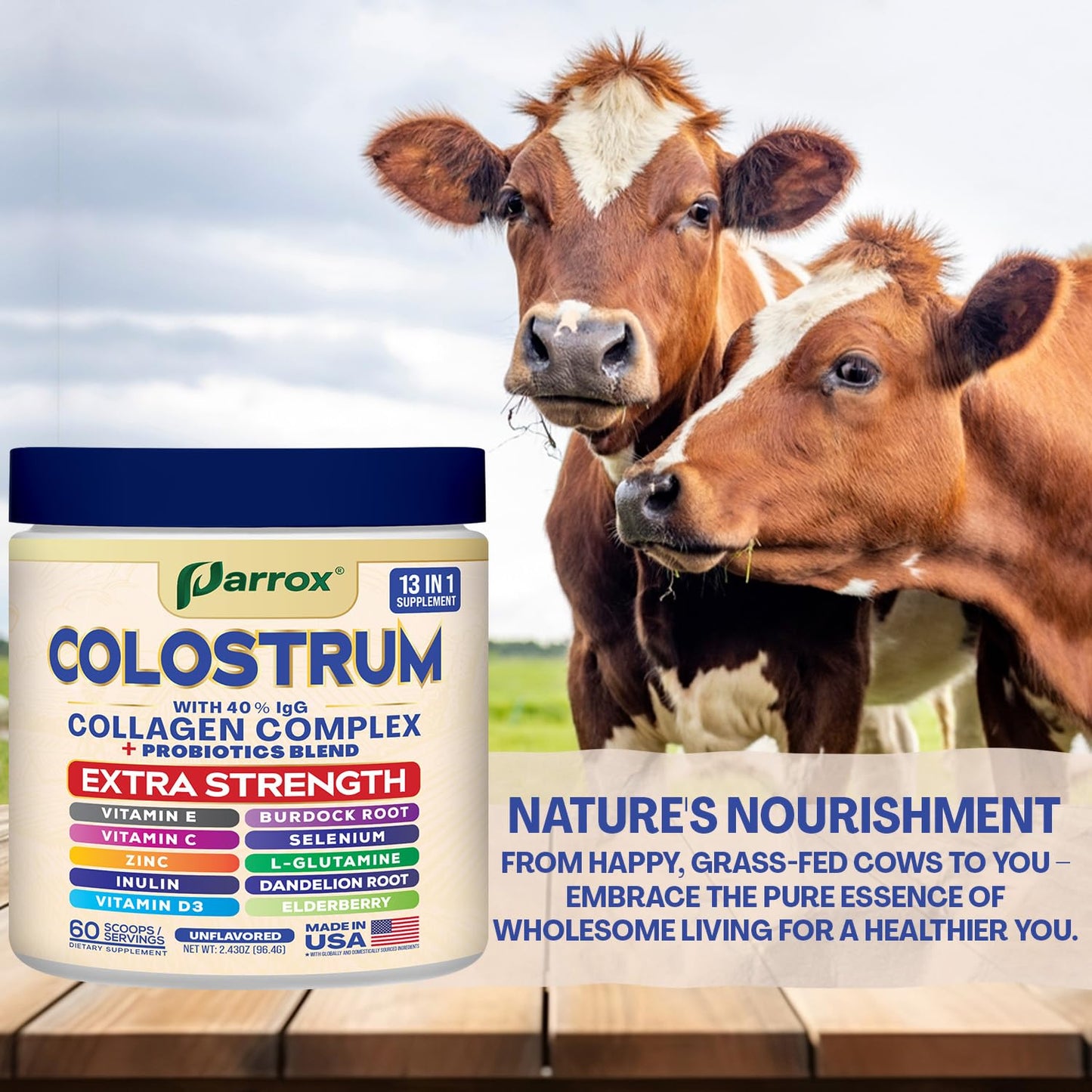 Parrox Colostrum Powder with 40% IgG, Collagen, Probiotics, Burdock Root, L-Glutamine, Elderberry, Vitamin C, Vitamin E, Vitamin D3, Inulin, Selenium, Dandelion Root, Zinc, 60 Servings (Unflavored) ParroxBuy Supplements Australia