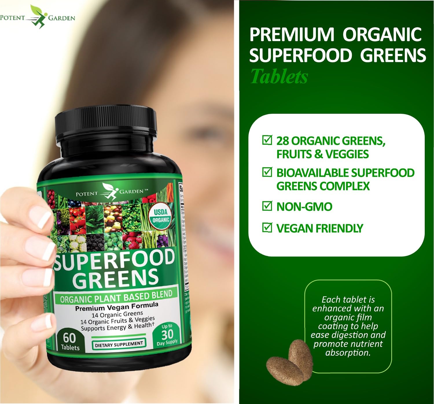 Potent Garden Organic Superfood Greens, Fruit and Veggies Supplement Rich in Vitamins & Antioxidants with Alfalfa, Beet Root & Tart Cherry to Boost Energy, Immunity & Gut Health, Greens Tablets 60 Ct Potent GardenBuy Supplements Australia