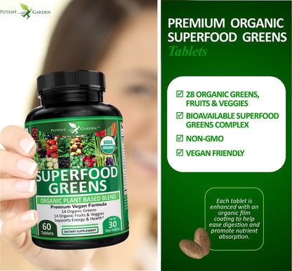 Potent Garden Organic Superfood Greens, Fruit and Veggies Supplement Rich in Vitamins & Antioxidants with Alfalfa, Beet Root & Tart Cherry to Boost Energy, Immunity & Gut Health, Greens Tablets 60 Ct Potent GardenBuy Supplements Australia