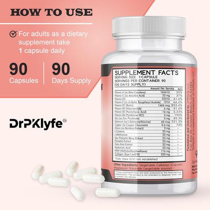 DrPKLyfe Hair, Nail and Skin Supplement Capsules:Biotin, Collagen, Collagen Peptides, Acid Hyaluronic, Biotin, Vitamin A, C, B5, B6 Saw Palmetto & More - 90 Capsules. DrPKLyfeBuy Supplements Australia