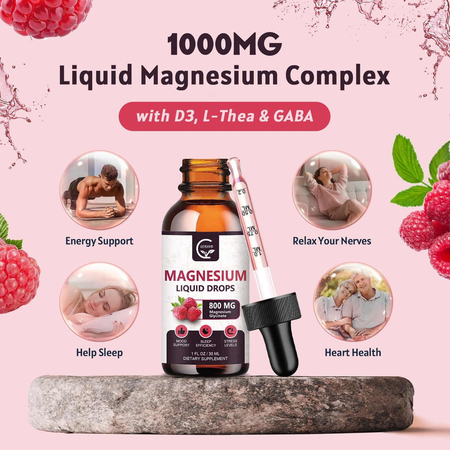 (2 Pack) Magnesium Glycinate Liquid Drops | 1000mg Liquid Magnesium Complex with D3, L-Thea & GABA for Energy, Sleep, Nerve and Heart Health