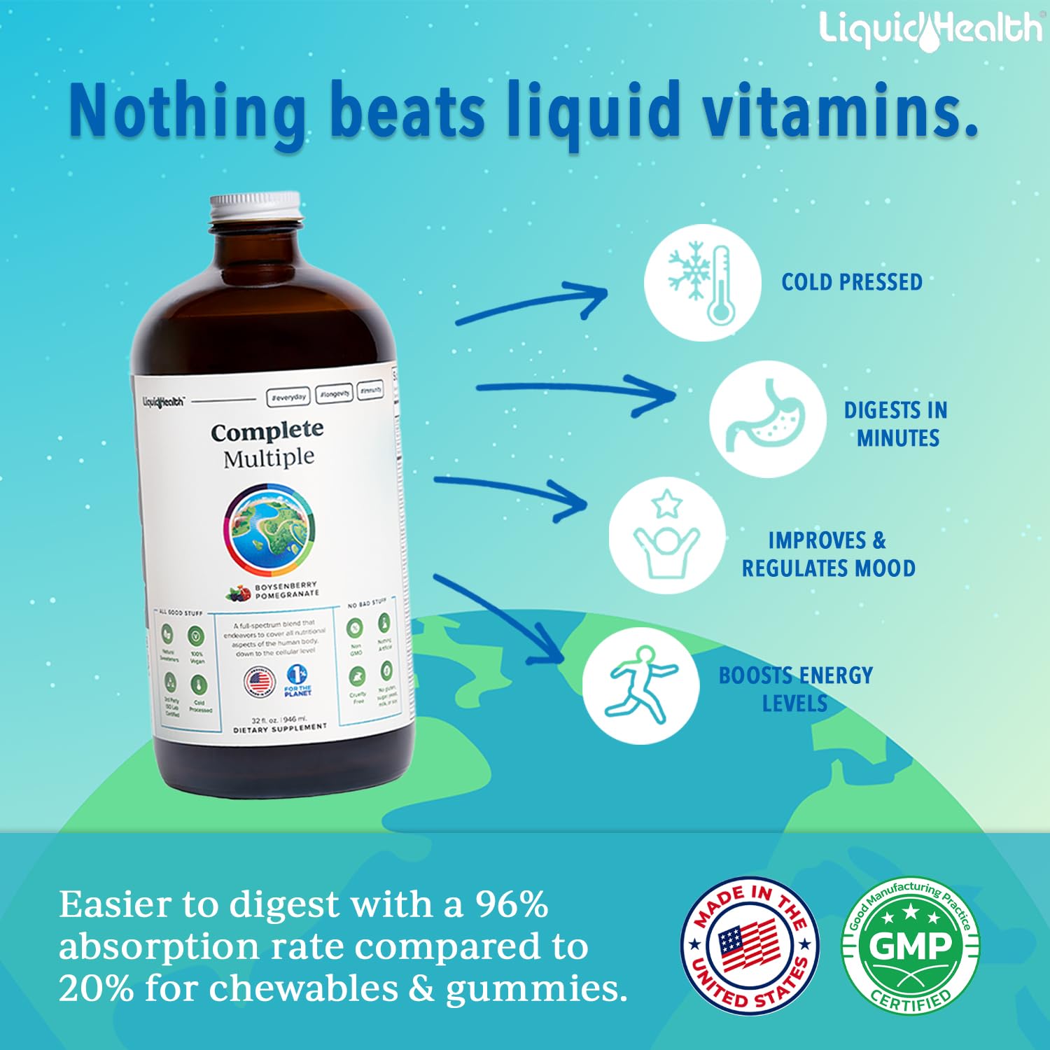 LIQUIDHEALTH Complete Multiple Adult Liquid Multivitamin - Essential Vitamins, Minerals & Nutrients, Immune Support, Gut Health, Energy, Detox - Made in USA, Vegan, Non-GMO, Sugar-Free (32 oz) LIQUIDHEALTHBuy Supplements Australia