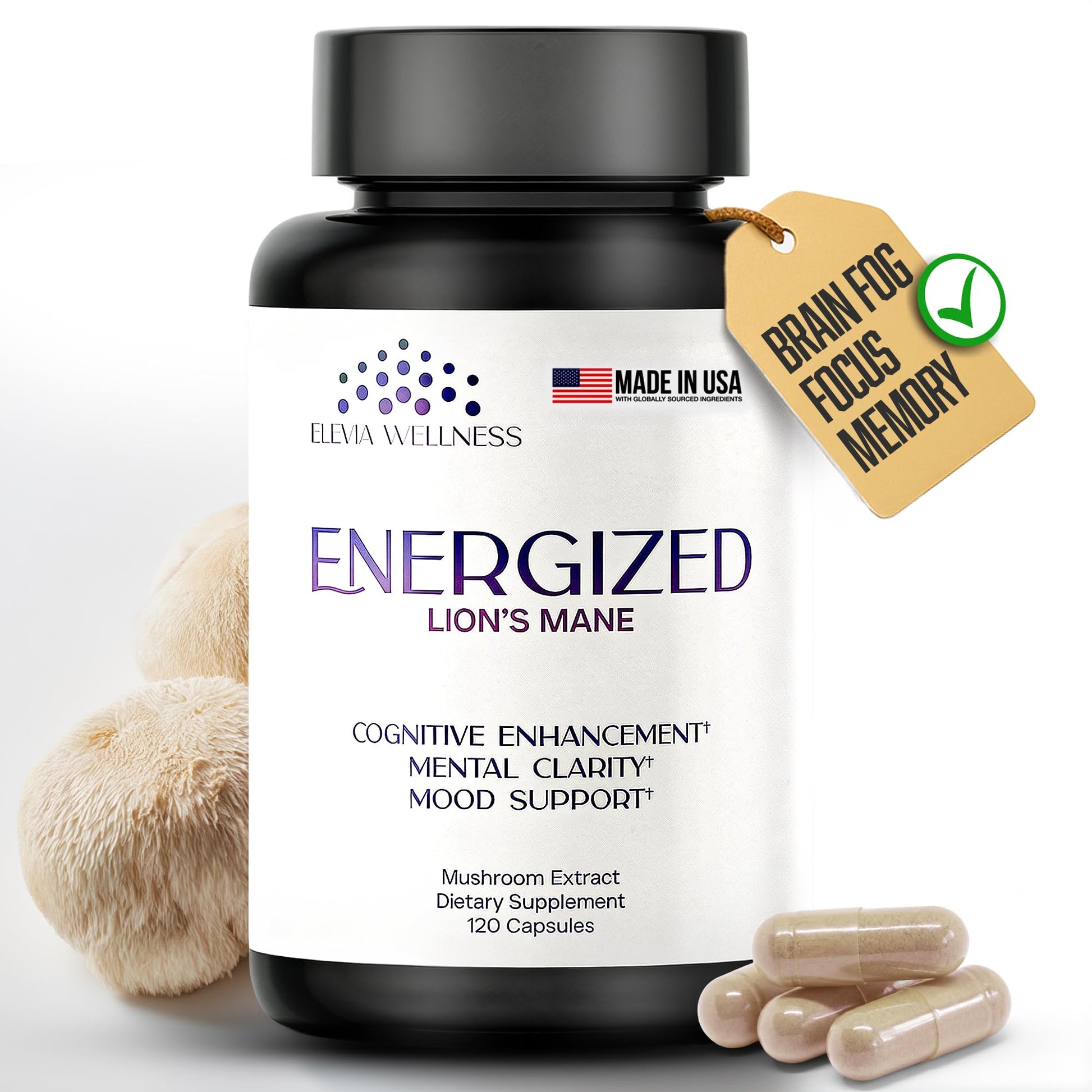 Energized Lions Mane Supplement Capsules (120ct),Brain Supplements for Memory and Focus, Nootropic for Brain Fog Relief Made in USA,30% Polysaccharides,Natural Brain Health Support Elevia WellnessBuy Supplements Australia