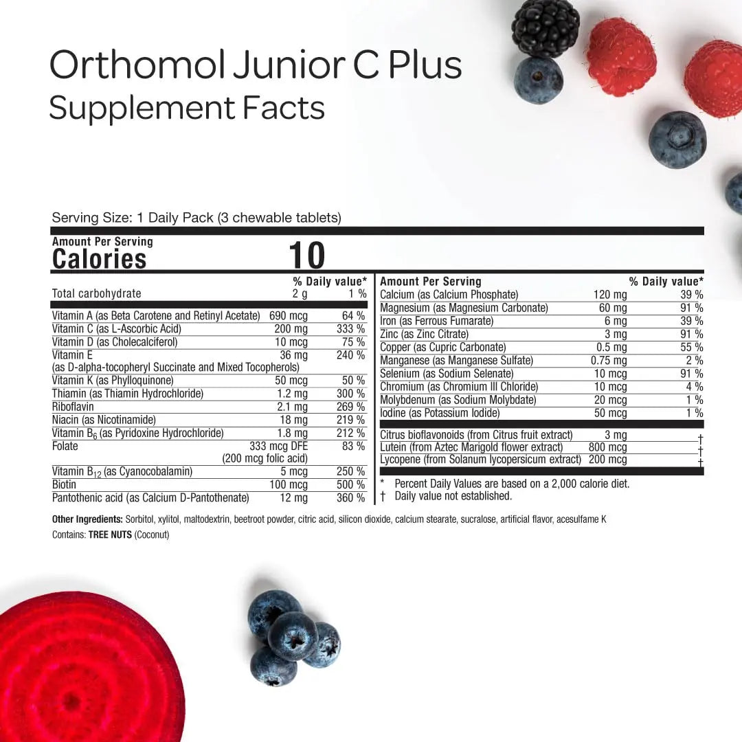 Orthomol Immun Junior C Plus, Kid's Multivitamin, Wildberry Flavor, 30-Day Supply Orthomol