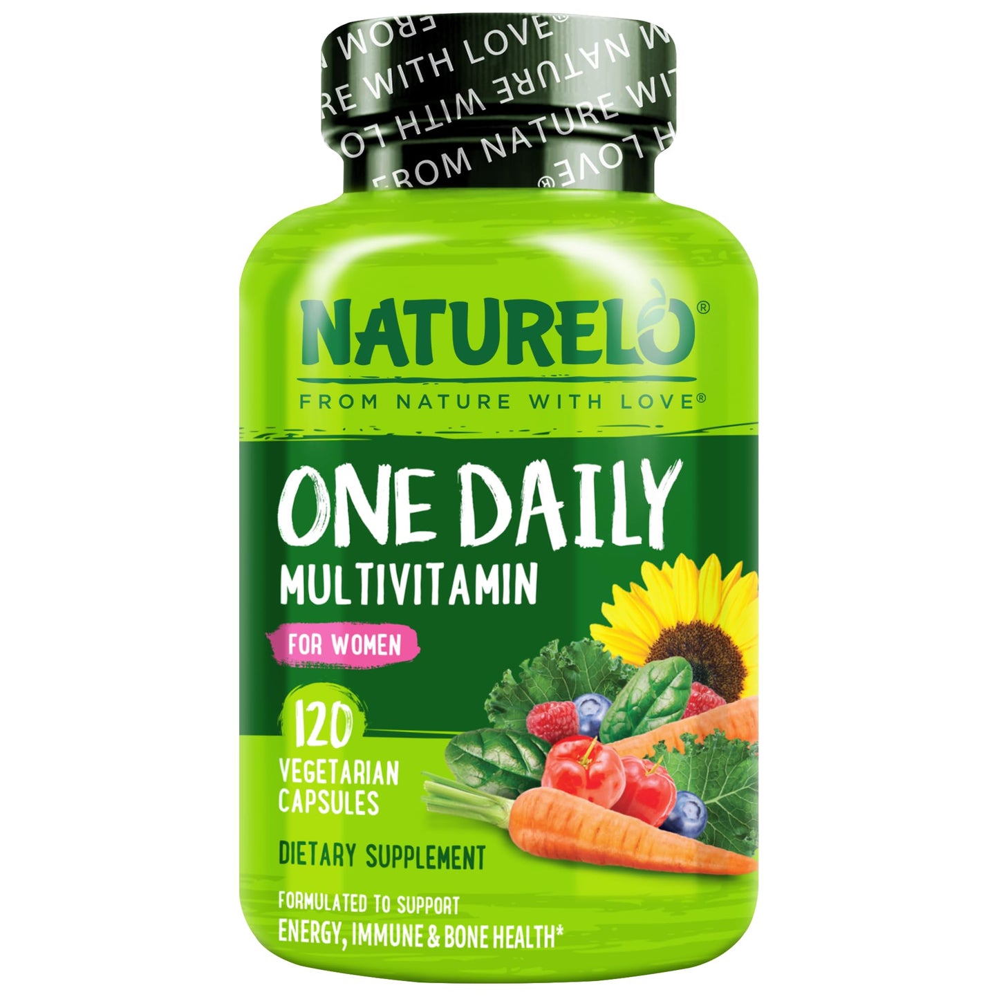 NATURELO One Daily Multivitamin for Women w/Vitamin B12, 120 Ct, Energy Support, Whole Food Daily Women Multivitamin Supplement, Nourish Hair/Skin/Nail, Non-GMO