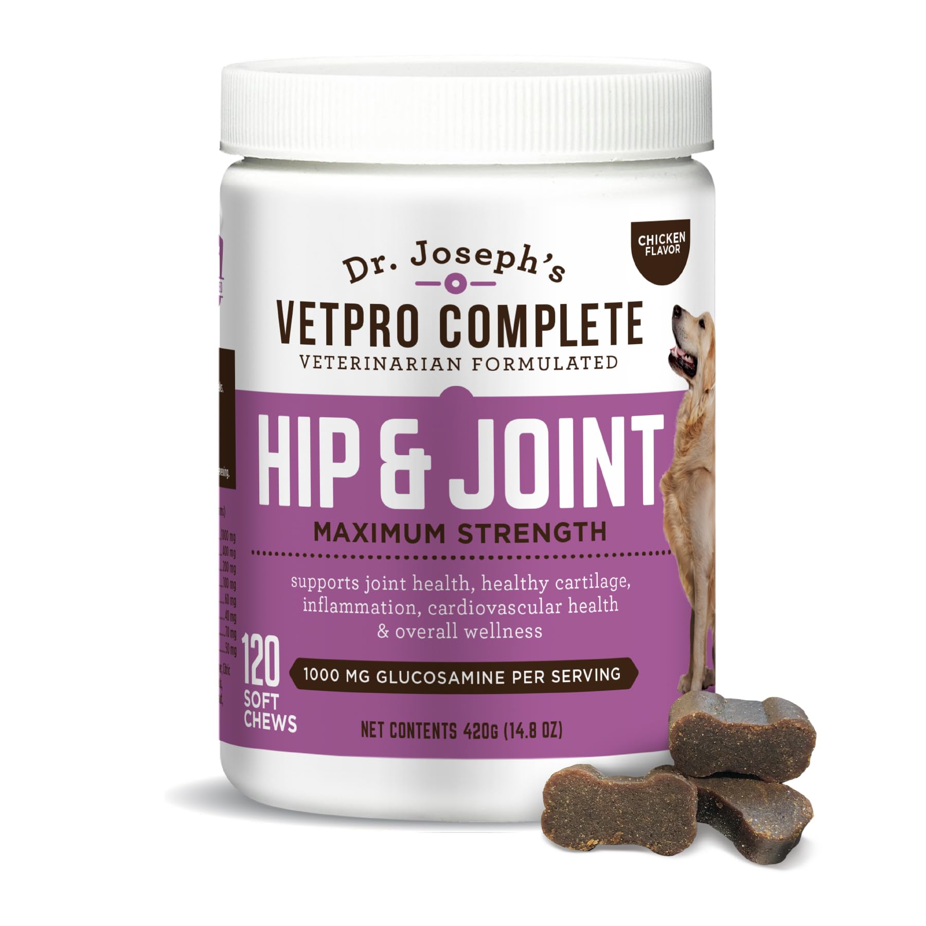 Dr. Joseph's VetPro Complete Dog Hip & Joint Supplement for Arthritis Pain Relief – High-Strength Glucosamine & Chondroitin Chews for Senior Dogs – Vet Formulated Daily Treats, Chicken Flavor, 120 Ct VetPro CompleteBuy Supplements Australia