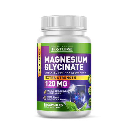 Built By Nature Magnesium Glycinate - Chelated for High Absorption – Supplement to Support Sleep, Muscle, Heart & Nerve Health - 120 mg Magnesium per Serving/Capsule - 90 Capsules Built by NatureBuy Supplements Australia