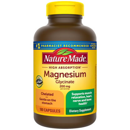 Nature Made Magnesium Glycinate 200 mg per serving, Magnesium Supplement for Muscle, Heart, Nerve and Bone Support, 180 Magnesium Bisglycinate Capsules, 90 Day Supply Nature MadeBuy Supplements Australia