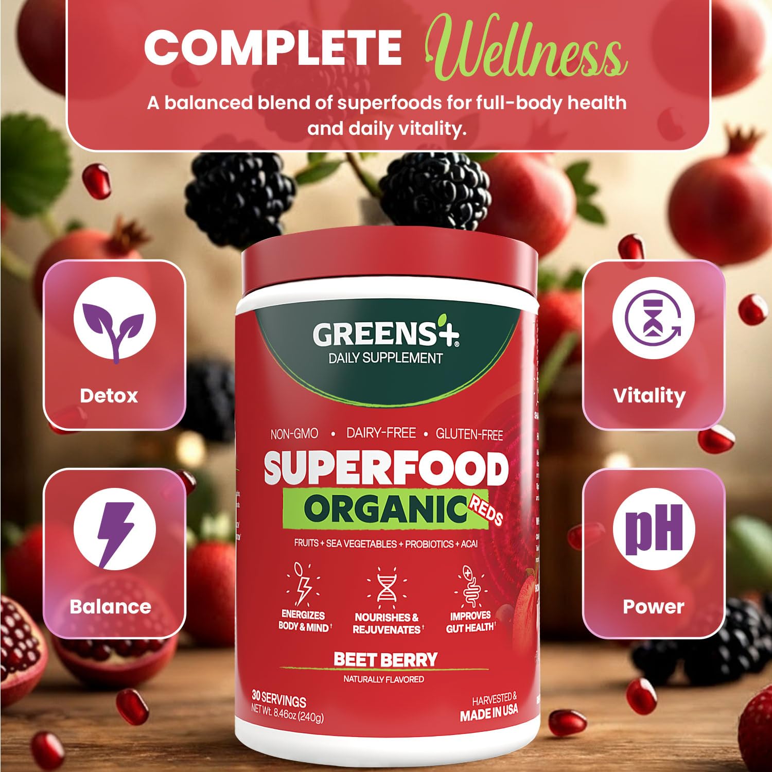 Greens+ Organic Reds Superfood Powder, Antioxidant, Polyphenol, Blend for Morning Kick, Energy, Vitality Boost, Nutrition, Vibrant Health, Vegan Soy/Dairy/Gluten Free(8.46oz) Greens+Buy Supplements Australia