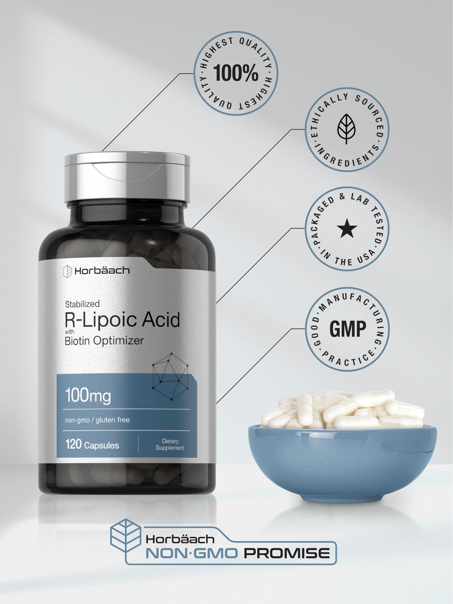 R-Lipoic Acid 100 mg | 120 Capsules | with Biotin Optimizer | Non-GMO, Gluten Free HorbäachBuy Supplements Australia