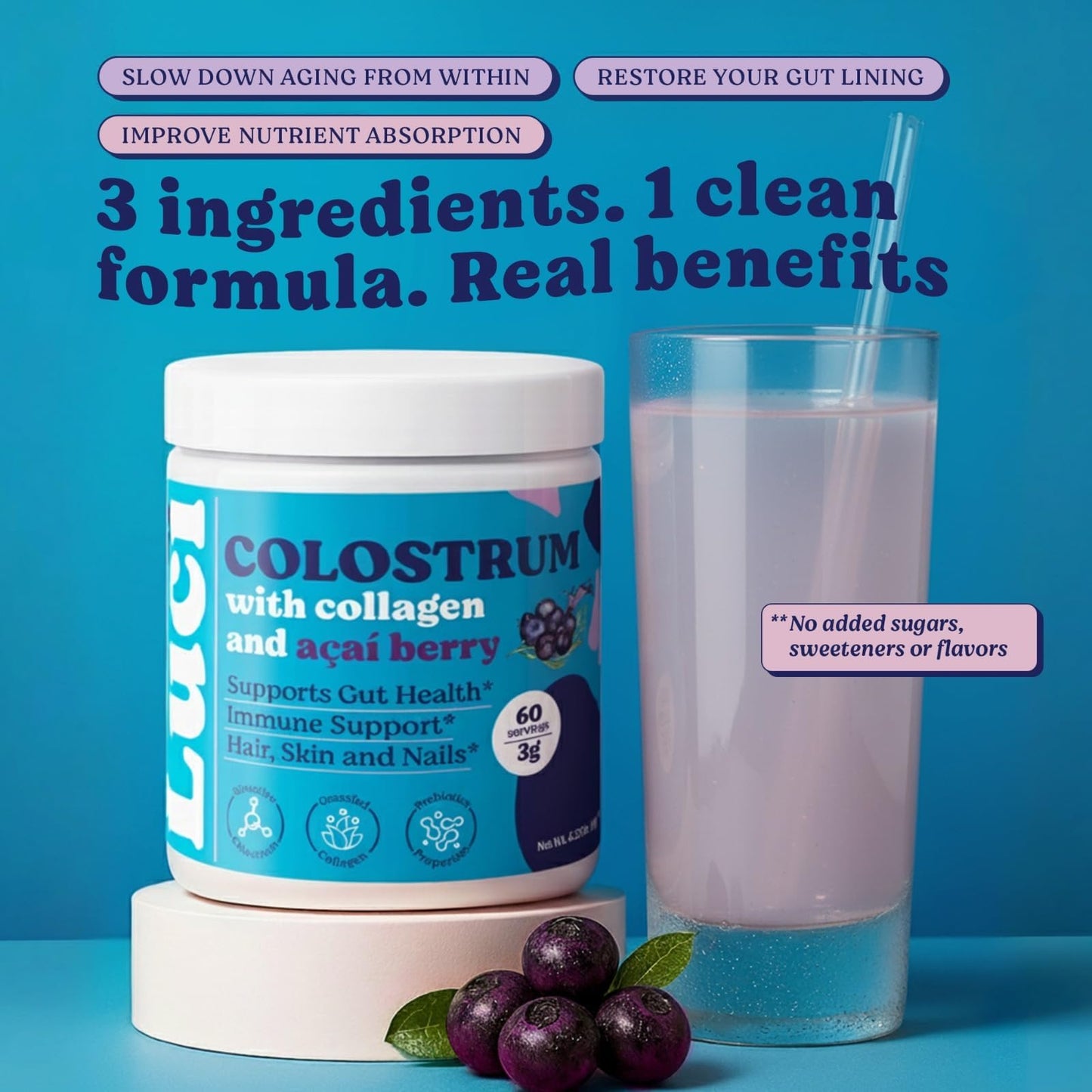 Luci Colostrum Powder 60 Servings, 3 in 1 with Collagen Peptides and Acai, Bovine Colostrum for Gut Health, Bloating, Collagen Protein for Muscle, Skin, Hair, Nails and Immunity, Gluten & Fat Free Luci NutritionBuy Supplements Australia