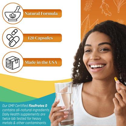 Daily Health, Flexprotex D 884mg Joint Muscle Support 120 Capsules Natural Herbal Turmeric Chondroitin Glucosamine Yucca Boswellia Hyaluronic Acid Ashwagandha D3 Magnesium (1 Month Supply) Daily HealthBuy Supplements Australia