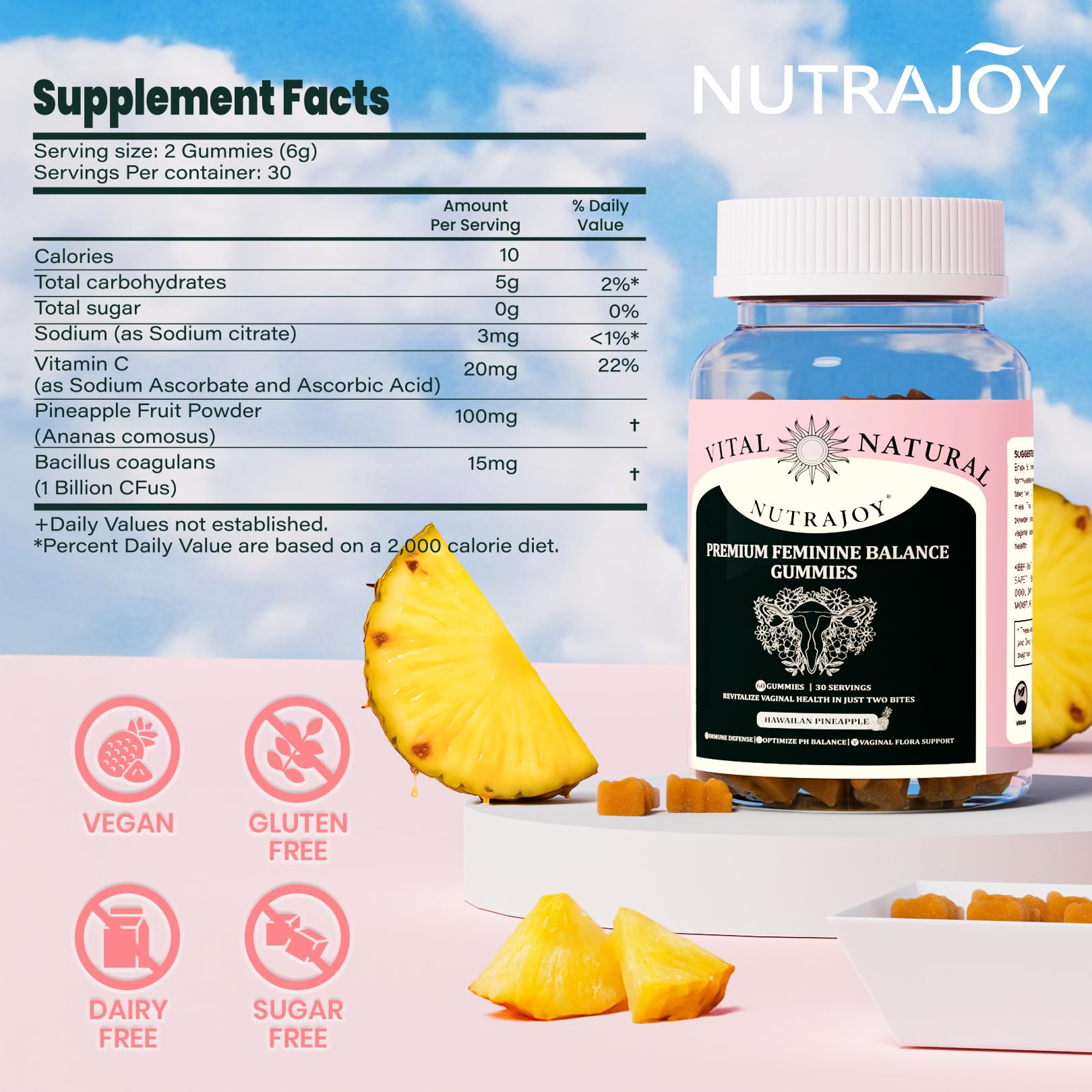 NUTRAJOY Premium Feminine Balance Gummies, for Women's Ph Health, Vaginal Wellness Support, Immune Support, Energy Support, Hawaiian Pineapple, Vegan Gluten-Free, 60 Gummies NUTRAJOYBuy Supplements Australia
