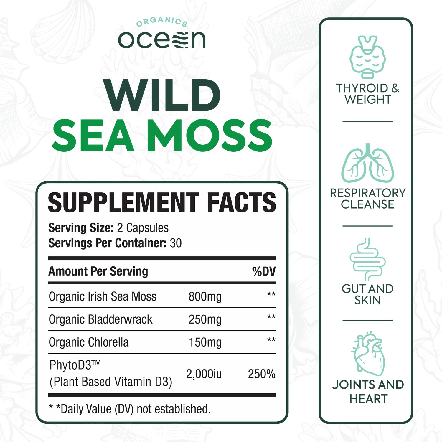 Organics Ocean Wild Sea Moss Capsules - 100% Organic Irish Sea Moss with Organic Chlorella, Bladderwrack and Vitamin D for Energy, Lung Health and Thyroid Support for Women and Men - 60 Capsules Organics OceanBuy Supplements Australia