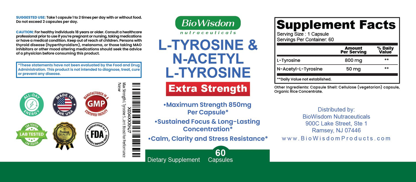 Max Strength L Tyrosine Supplement & N Acetyl L Tyrosine Peak Focus, Alertness, Concentration, Body & Mind Energy. L-Tyrosine 850mg Per 1 Capsule. A Well-Being Nutrient Boost For Performance BioWisdom NutraceuticalsBuy Supplements Australia