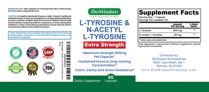Max Strength L Tyrosine Supplement & N Acetyl L Tyrosine Peak Focus, Alertness, Concentration, Body & Mind Energy. L-Tyrosine 850mg Per 1 Capsule. A Well-Being Nutrient Boost For Performance BioWisdom NutraceuticalsBuy Supplements Australia