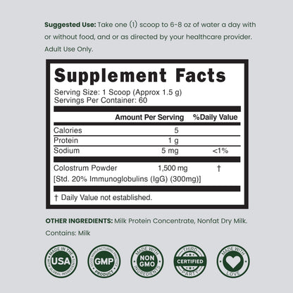 Colostrum Supplement Powder 90g (60 Servings of 1.5g Pure Bovine Colostrum Std. to Contain 20% IgG Immunoglobulins) Grass Fed Powder - No Fillers, Third Party Tested, Unflavored & Non-GMO DORADO NUTRITIONBuy Supplements Australia